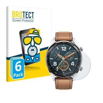 Parte frontal de un envase de producto con el logotipo de la marca BROTECT. Al lado se muestra el dispositivo Huawei Watch GT 