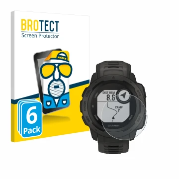 Parte frontal de un envase de producto con el logotipo de la marca BROTECT. Al lado se muestra el dispositivo Garmin Instinct 