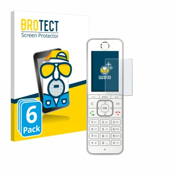 Parte frontal de un envase de producto con el logotipo de la marca BROTECT. Al lado se muestra el dispositivo AVM Fritz!Fon C6