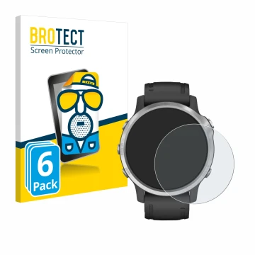 Parte frontal de un envase de producto con el logotipo de la marca BROTECT. Al lado se muestra el dispositivo Garmin Fenix 6S 