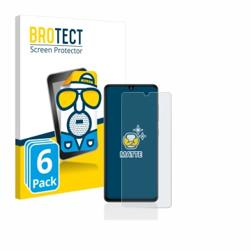 Parte frontal de un envase de producto con el logotipo de la marca BROTECT. Al lado se muestra el dispositivo Samsung Galaxy A