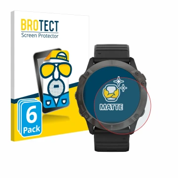 Parte frontal de un envase de producto con el logotipo de la marca BROTECT. Al lado se muestra el dispositivo Garmin Fenix 6X 