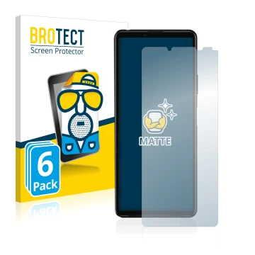 Parte frontal de un envase de producto con el logotipo de la marca BROTECT. Al lado se muestra el dispositivo Sony Xperia 10 I