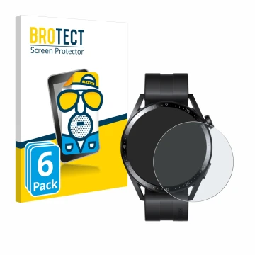 Parte frontal de un envase de producto con el logotipo de la marca BROTECT. Al lado se muestra el dispositivo Huawei Watch GT 