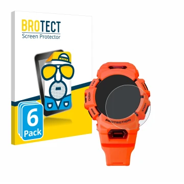 Parte frontal de un envase de producto con el logotipo de la marca BROTECT. Al lado se muestra el dispositivo Casio G-Shock GB
