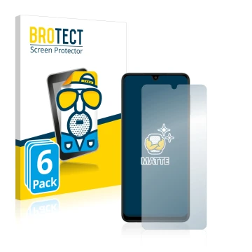 Parte frontal de un envase de producto con el logotipo de la marca BROTECT. Al lado se muestra el dispositivo Samsung Galaxy A