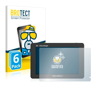 Parte frontal de un envase de producto con el logotipo de la marca BROTECT. Al lado se muestra el dispositivo Feelworld LUT7 7