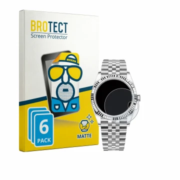 Parte frontal de un envase de producto con el logotipo de la marca BROTECT. Al lado se muestra el dispositivo Rolex Datejust 3
