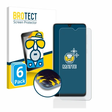 Parte frontal de un envase de producto con el logotipo de la marca BROTECT. Al lado se muestra el dispositivo Samsung Galaxy A