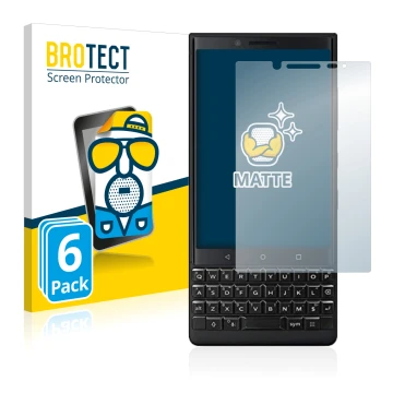 Parte frontal de un envase de producto con el logotipo de la marca BROTECT. Al lado se muestra el dispositivo BlackBerry Key2 