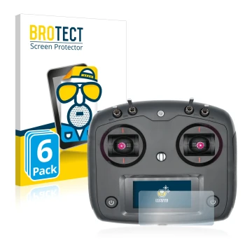 Parte frontal de un envase de producto con el logotipo de la marca BROTECT. Al lado se muestra el dispositivo FlySky FS-i6S co