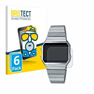 Parte frontal de un envase de producto con el logotipo de la marca BROTECT. Al lado se muestra el dispositivo Casio A700WE con