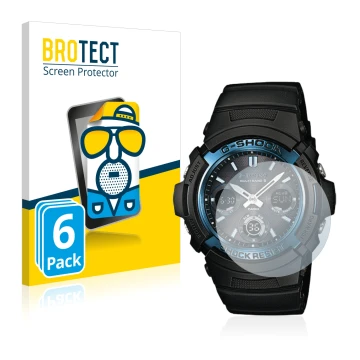 Parte frontal de un envase de producto con el logotipo de la marca BROTECT. Al lado se muestra el dispositivo Casio AWG M100 c