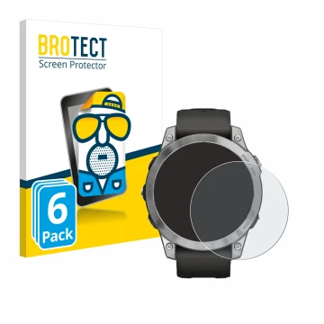 Parte frontal de un envase de producto con el logotipo de la marca BROTECT. Al lado se muestra el dispositivo Garmin Fenix 7 (