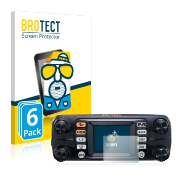 Parte frontal de un envase de producto con el logotipo de la marca BROTECT. Al lado se muestra el dispositivo Yaesu FTM-300DE 