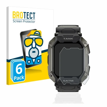 Parte frontal de un envase de producto con el logotipo de la marca BROTECT. Al lado se muestra el dispositivo Kospet Tank M1 c