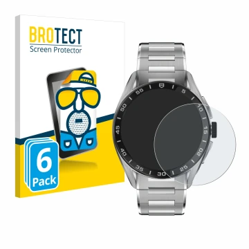 Parte frontal de un envase de producto con el logotipo de la marca BROTECT. Al lado se muestra el dispositivo TAG Heuer Connec