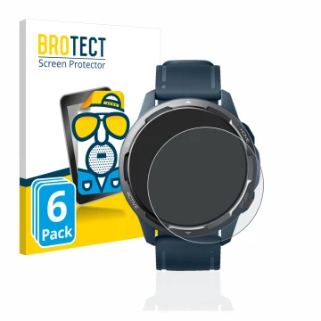 Parte frontal de un envase de producto con el logotipo de la marca BROTECT. Al lado se muestra el dispositivo Xiaomi Watch S1 
