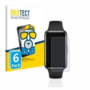 Parte frontal de un envase de producto con el logotipo de la marca BROTECT. Al lado se muestra el dispositivo Huawei Band 7 co