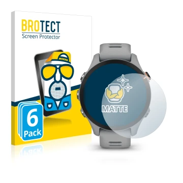 Parte frontal de un envase de producto con el logotipo de la marca BROTECT. Al lado se muestra el dispositivo Garmin Forerunne
