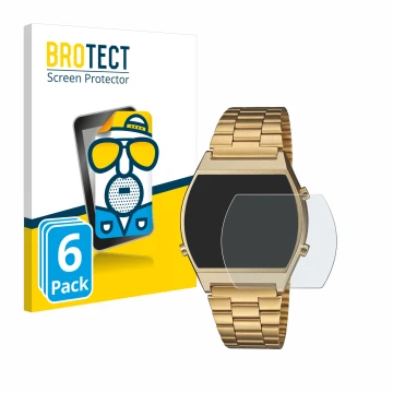 Parte frontal de un envase de producto con el logotipo de la marca BROTECT. Al lado se muestra el dispositivo Casio Retro B640