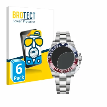 Parte frontal de un envase de producto con el logotipo de la marca BROTECT. Al lado se muestra el dispositivo Rolex GMT-Master