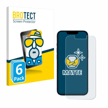 Parte frontal de un envase de producto con el logotipo de la marca BROTECT. Al lado se muestra el dispositivo Apple iPhone 14 