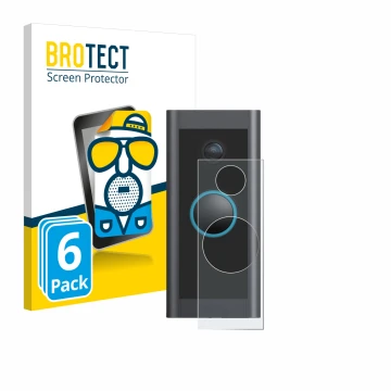 Parte frontal de un envase de producto con el logotipo de la marca BROTECT. Al lado se muestra el dispositivo Ring Video Doorb