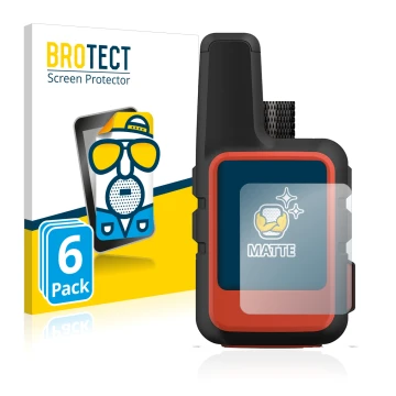 Parte frontal de un envase de producto con el logotipo de la marca BROTECT. Al lado se muestra el dispositivo Garmin inReach M