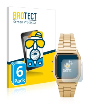 Parte frontal de un envase de producto con el logotipo de la marca BROTECT. Al lado se muestra el dispositivo Casio AQ-230GA c