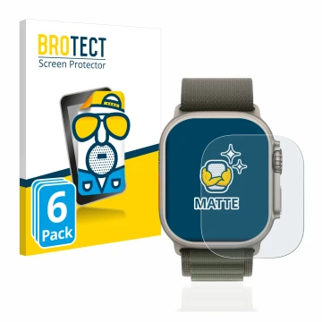 Parte frontal de un envase de producto con el logotipo de la marca BROTECT. Al lado se muestra el dispositivo Apple Watch Ultr