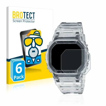 Parte frontal de un envase de producto con el logotipo de la marca BROTECT. Al lado se muestra el dispositivo Casio G-Shock DW