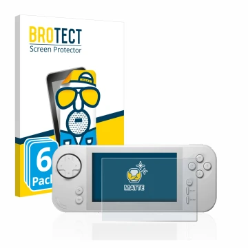 Parte frontal de un envase de producto con el logotipo de la marca BROTECT. Al lado se muestra el dispositivo Evercade EXP con