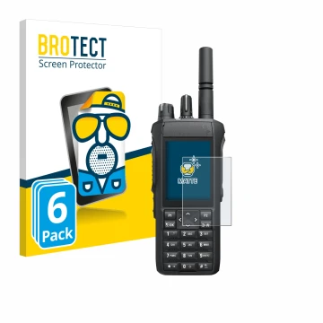 Parte frontal de un envase de producto con el logotipo de la marca BROTECT. Al lado se muestra el dispositivo Motorola R7 con 