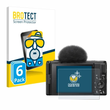 Parte frontal de un envase de producto con el logotipo de la marca BROTECT. Al lado se muestra el dispositivo Sony ZV-1F con s