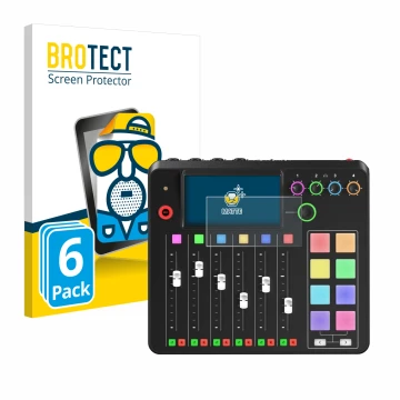 Parte frontal de un envase de producto con el logotipo de la marca BROTECT. Al lado se muestra el dispositivo Rode Rodecaster 