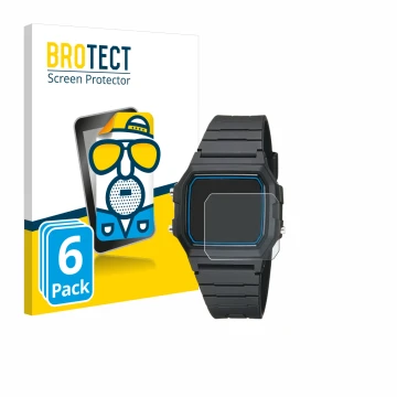 Parte frontal de un envase de producto con el logotipo de la marca BROTECT. Al lado se muestra el dispositivo Casio F-105W-1AW