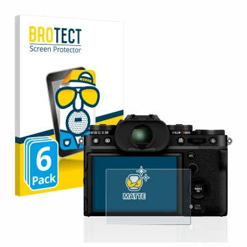 Parte frontal de un envase de producto con el logotipo de la marca BROTECT. Al lado se muestra el dispositivo Fujifilm X-T5 co