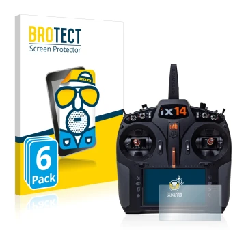Parte frontal de un envase de producto con el logotipo de la marca BROTECT. Al lado se muestra el dispositivo Spektrum iX14 co