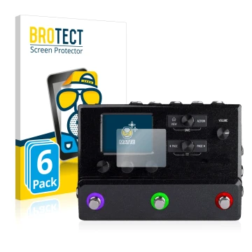 Parte frontal de un envase de producto con el logotipo de la marca BROTECT. Al lado se muestra el dispositivo Line 6 hx stomp 