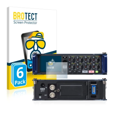 Parte frontal de un envase de producto con el logotipo de la marca BROTECT. Al lado se muestra el dispositivo Zoom F8 field re