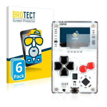 Parte frontal de un envase de producto con el logotipo de la marca BROTECT. Al lado se muestra el dispositivo Arduboy FX con s
