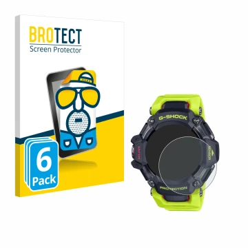 Parte frontal de un envase de producto con el logotipo de la marca BROTECT. Al lado se muestra el dispositivo Casio G-Shock GB