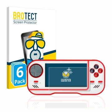 Parte frontal de un envase de producto con el logotipo de la marca BROTECT. Al lado se muestra el dispositivo Blaze Evercade c