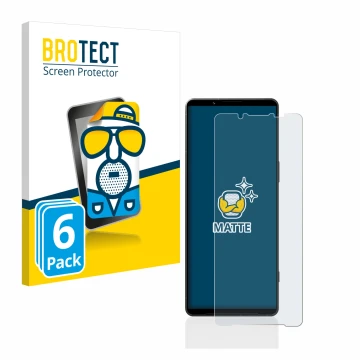 Parte frontal de un envase de producto con el logotipo de la marca BROTECT. Al lado se muestra el dispositivo Sony Xperia 1 V 
