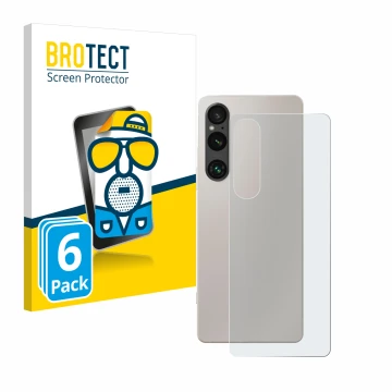 Parte frontal de un envase de producto con el logotipo de la marca BROTECT. Al lado se muestra el dispositivo Sony Xperia 1 V 