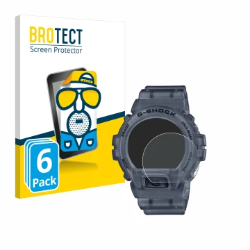 Parte frontal de un envase de producto con el logotipo de la marca BROTECT. Al lado se muestra el dispositivo Casio G-Shock DW