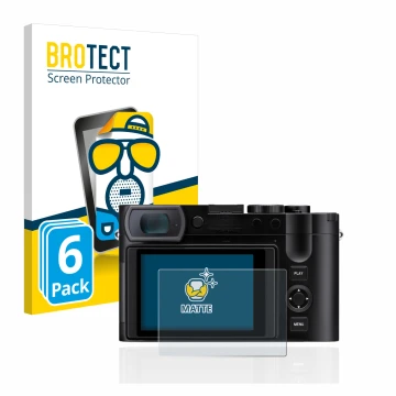 Parte frontal de un envase de producto con el logotipo de la marca BROTECT. Al lado se muestra el dispositivo Leica Q3 con su 