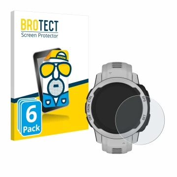 Parte frontal de un envase de producto con el logotipo de la marca BROTECT. Al lado se muestra el dispositivo Garmin Instinct 