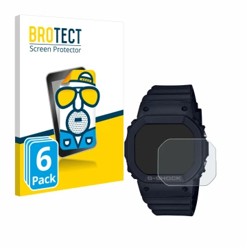 Parte frontal de un envase de producto con el logotipo de la marca BROTECT. Al lado se muestra el dispositivo Casio G-Shock GM